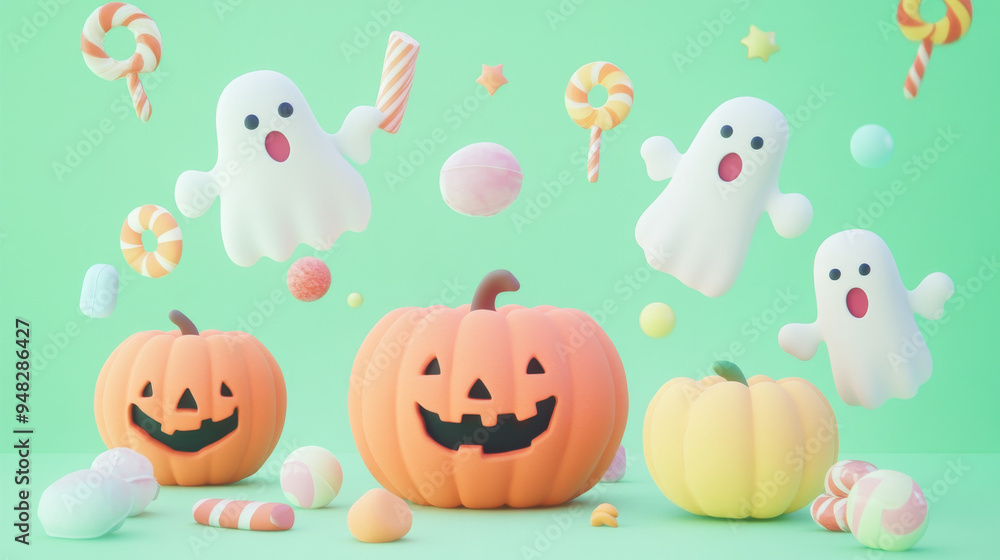 Adorable pastel Halloween card with friendly ghosts and pumpkins, surrounded by candy, on a soft pastel green background. Adorable pastel Halloween card with friendly ghosts and pumpkins, surrounded by candy, on a soft pastel green background.