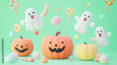 Adorable pastel Halloween card with friendly ghosts and pumpkins, surrounded by candy, on a soft pastel green background.