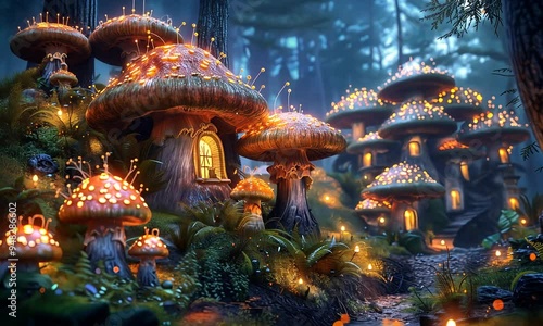 Discover a magical realm where luminescent mushrooms illuminate the twilight forest path, creating an enchanting spectacle amidst tall trees and ferns