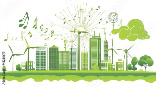 Eco-Harmony in Urbanscape: A Flat Style Vector Graphic Embodying Green Energy and Environmental Protection with Musical Notes