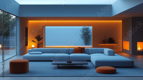 Stylish modern living room with blue and orange decor, elegant furniture, and ambient lighting in contemporary high-end apartment