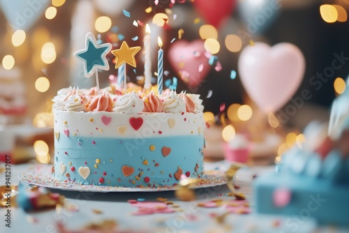 Colorful birthday cake decorated with hearts and stars at a festive celebration surrounded by balloons and confetti in a cozy setting