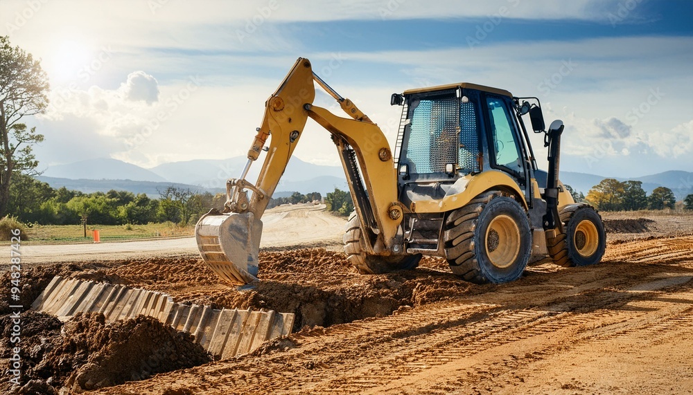 A lone worker operates a backhoe to excavate the earth for a new road. A lone worker operates a backhoe to excavate the earth for a new road.