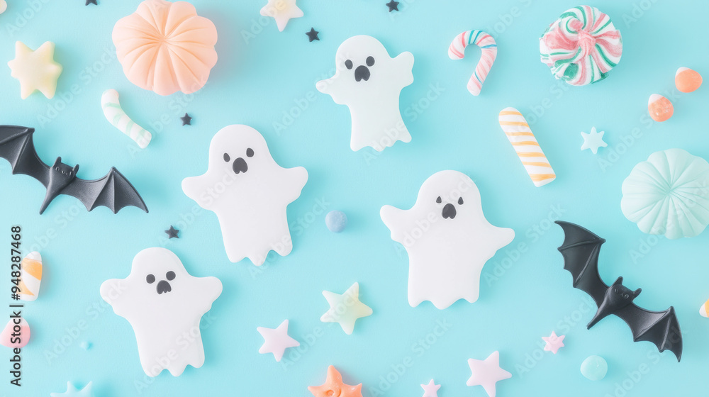 Adorable pastel Halloween card with friendly ghosts and bats, surrounded by stars and candy, on a soft pastel blue background. Adorable pastel Halloween card with friendly ghosts and bats, surrounded by stars and candy, on a soft pastel blue background.