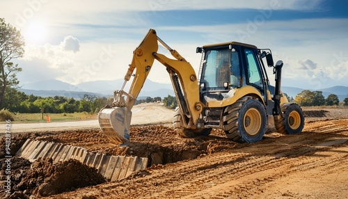 A lone worker operates a backhoe to excavate the earth for a new road.