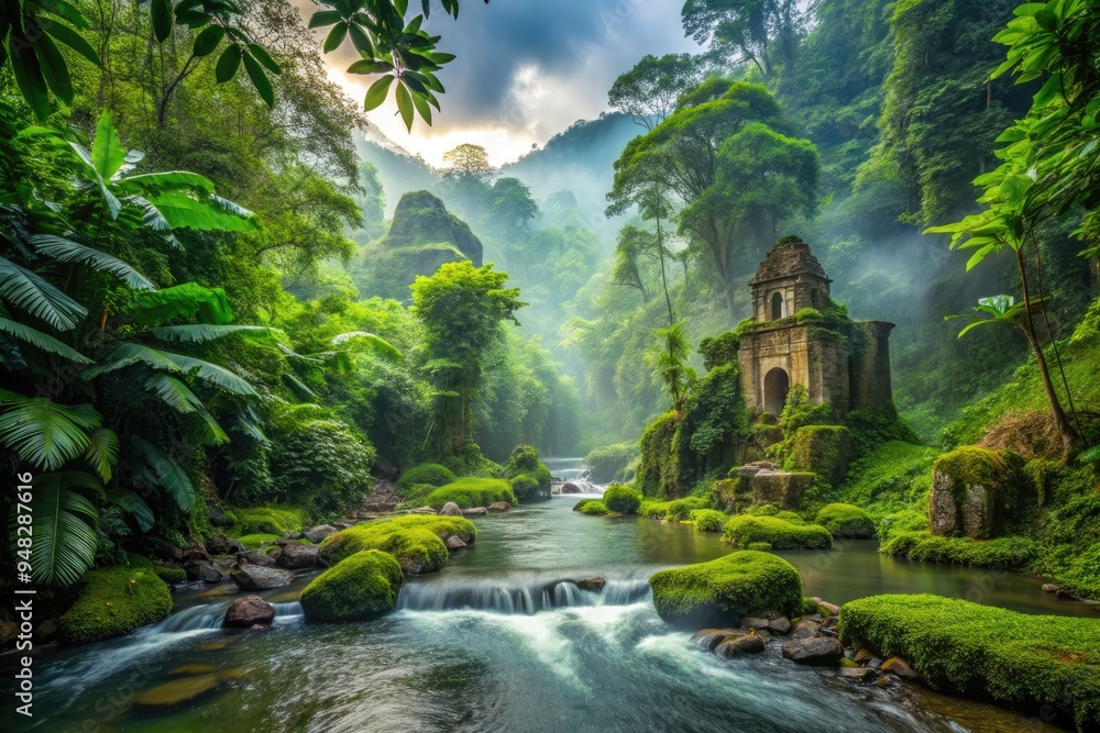 Vibrant green tropical rainforest surrounds a serene river flowing past ancient stone temple ruins, shrouded in mist and foliage, exuding mystery and tranquility. Vibrant green tropical rainforest surrounds a serene river flowing past ancient stone temple ruins, shrouded in mist and foliage, exuding mystery and tranquility.