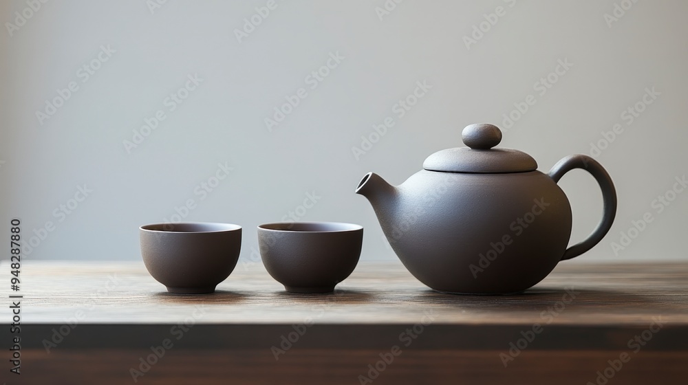Elegant Teapot and Cups Showcasing Craftsmanship on Minimalistic Background Elegant Teapot and Cups Showcasing Craftsmanship on Minimalistic Background