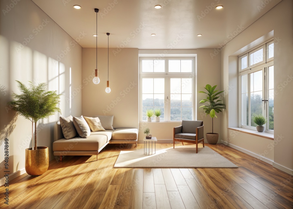 Fototapeta premium Sleek, modern space features sparse decor, creamy white walls, and gleaming wood floors, bathed in soft, warm light pouring in from a large, minimalist window.