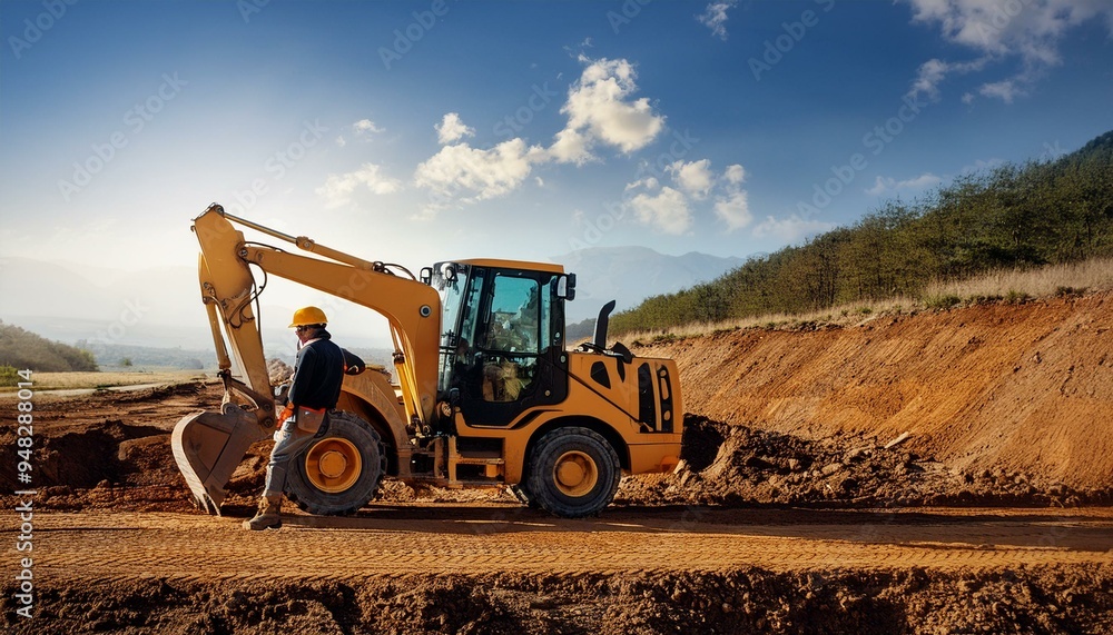 Obraz premium A lone worker operates a backhoe to excavate the earth for a new road.