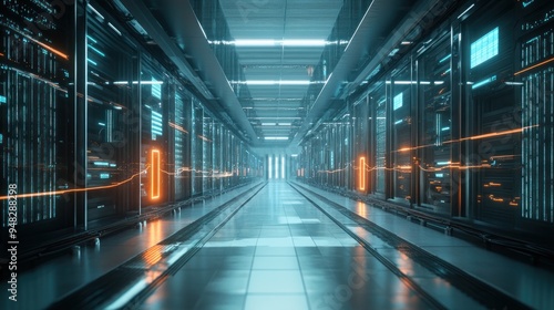 Futuristic Server Room Interior with Glowing Lights