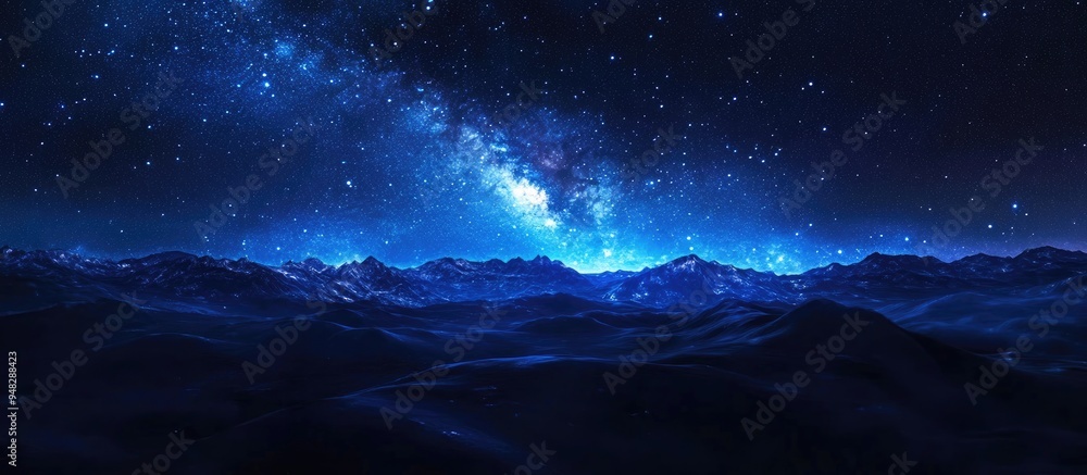 Naklejka premium Panorama of a blue night sky featuring the Milky Way and stars on a dark background showcasing a universe filled with stars nebula and galaxy captured with long exposure and adjusted white balance