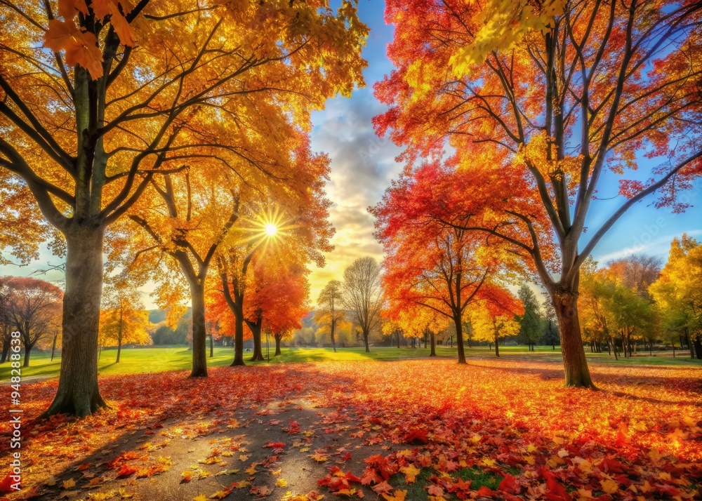 Vibrant yellow, red, and orange leaves scatter the ground and cling to trees, illuminating a serene autumn park on a bright, cloudless morning. Vibrant yellow, red, and orange leaves scatter the ground and cling to trees, illuminating a serene autumn park on a bright, cloudless morning.