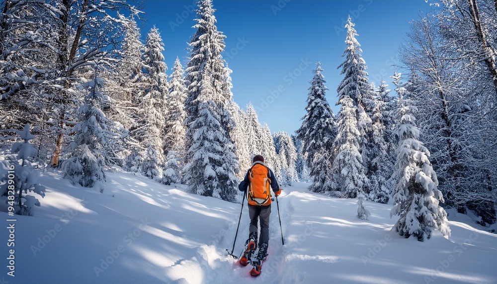 A snowshoer explores a pristine snowy forest. A snowshoer explores a pristine snowy forest.