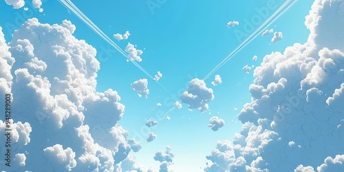 3D cartoon rendering depicting a blue sky filled with chemical cumulus clouds scalar waves and chemtrails on a sunny day