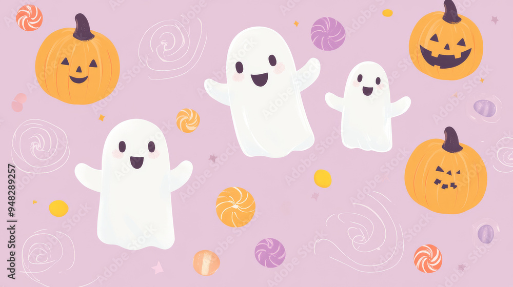 Adorable Halloween card featuring cute ghosts and pumpkins, on a soft pastel lavender background with candy accents. Adorable Halloween card featuring cute ghosts and pumpkins, on a soft pastel lavender background with candy accents.