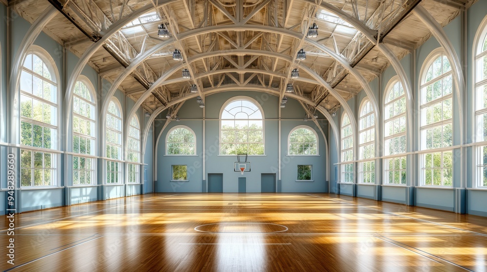 Wide-angle view of empty high school gym with polished floors and morning light Wide-angle view of empty high school gym with polished floors and morning light