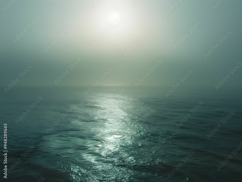 Calm ocean waters reflecting dulled sunlight under a thick layer of fog in the early morning hours Calm ocean waters reflecting dulled sunlight under a thick layer of fog in the early morning hours