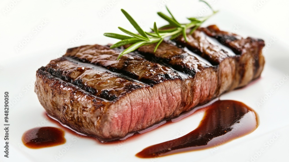 A beautifully plated steak with a drizzle of sauce and a sprig of rosemary, showcasing its texture and rich colors against a simple white backdrop A beautifully plated steak with a drizzle of sauce and a sprig of rosemary, showcasing its texture and rich colors against a simple white backdrop