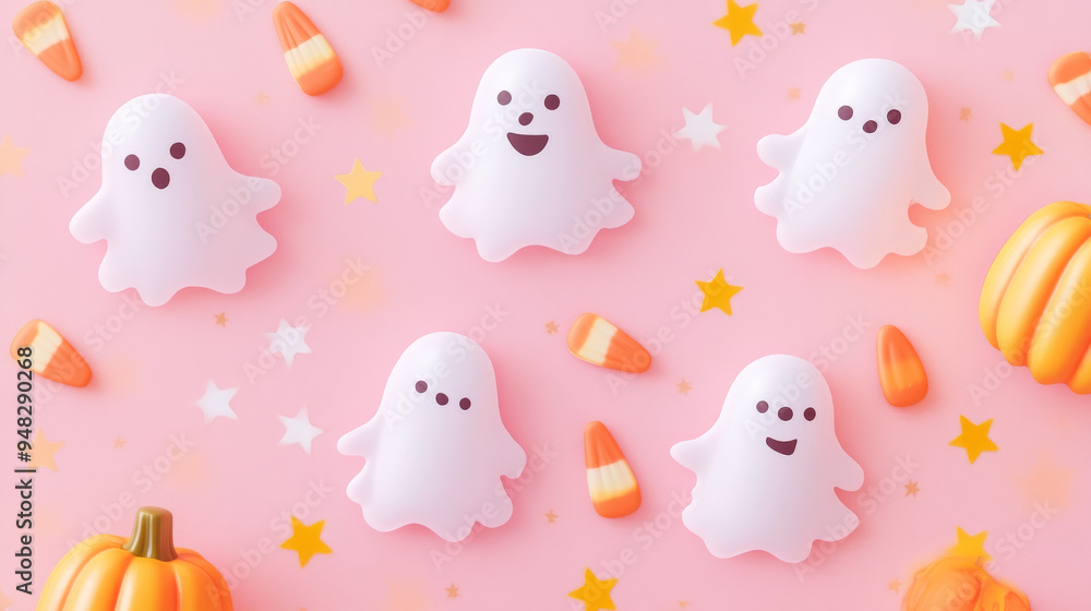 Adorable Halloween card featuring cute ghosts and candy corn, surrounded by stars, on a soft pastel pink background. Adorable Halloween card featuring cute ghosts and candy corn, surrounded by stars, on a soft pastel pink background.