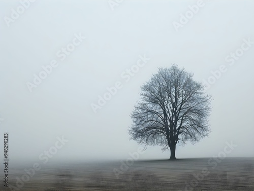 A solitary tree stands in a fog-covered field during the early morning light, creating a serene and tranquil atmosphere