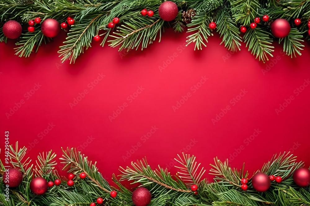 Christmas tree branches with red baubles on a red background. Festive holiday decoration with empty space for a New Year card. Christmas tree branches with red baubles on a red background. Festive holiday decoration with empty space for a New Year card.