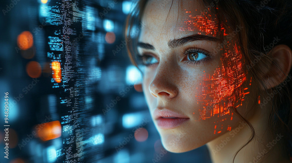 Portrait of a futuristic android woman with advanced technology data overlay Portrait of a futuristic android woman with advanced technology data overlay