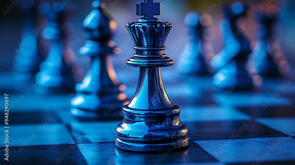 A close-up of a black queen chess piece on a blue chessboard, emphasizing strategy and precision. A close-up of a black queen chess piece on a blue chessboard, emphasizing strategy and precision.