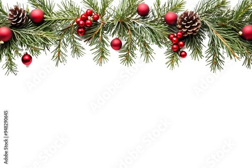 Wallpaper Mural Christmas background with branches and balls, isolated on white. Festive holiday decoration with pine and fir for a seasonal frame. Torontodigital.ca