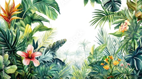 Exotic floral and plant arrangement Lifelike watercolor depiction of a jungle Tropical backdrop in watercolor style Ideal for creative templates