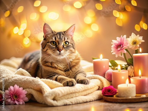 Adorable pampered cat lounges on plush towel, surrounded by candles and flowers, indulging in a relaxing spa treatment on a serene Love Your Pet Day. photo