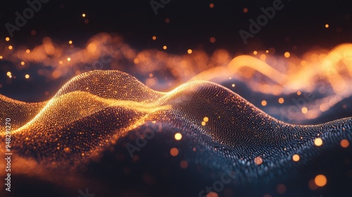Dynamic particles create a sound wave effect against a dark backdrop Blurred lights enhance the abstract scene featuring a luminous wave of glowing dots in 3D