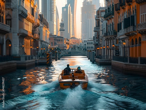 Scenic evening boat ride through a modern city canal with tall buildings reflecting in the water photo