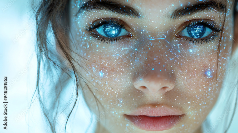Portrait of a futuristic android woman with advanced technology data overlay Portrait of a futuristic android woman with advanced technology data overlay