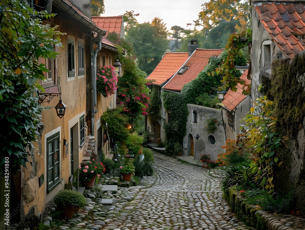 Fototapeta premium Charming cobblestone street lined with colorful houses and blooming flowers in a picturesque village at sunset
