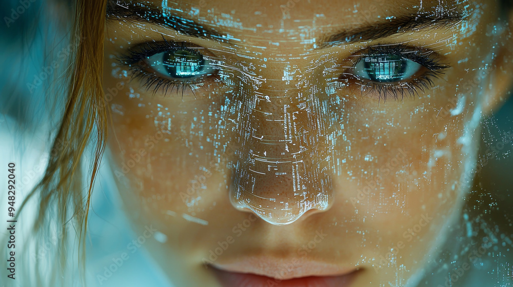 Portrait of a futuristic android woman with advanced technology data overlay Portrait of a futuristic android woman with advanced technology data overlay