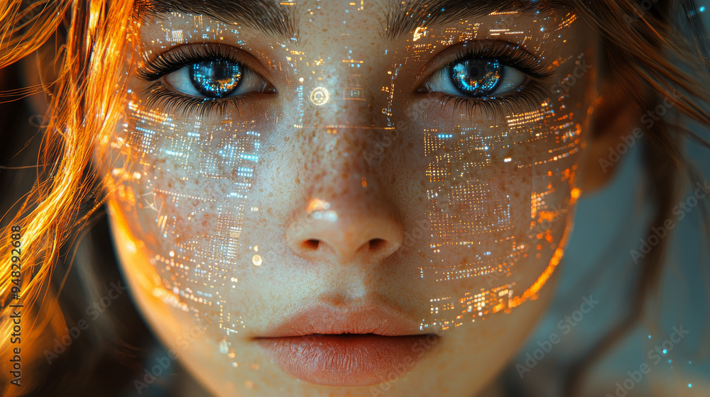 Portrait of a futuristic android woman with advanced technology data overlay Portrait of a futuristic android woman with advanced technology data overlay