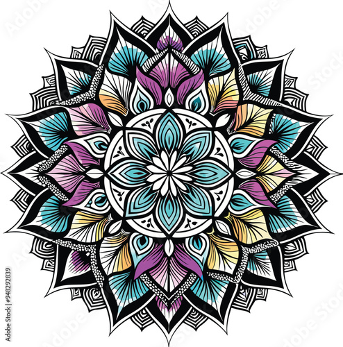 A mandala combines intricate black-and-white linework with splashes of vibrant watercolor