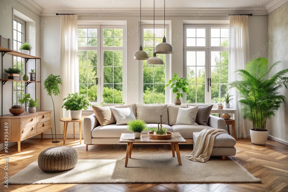 Fototapeta premium Calm Scandinavian living room featuring a light beige sofa, natural textiles, and minimalist decor, surrounded by large windows and lush greenery outside.