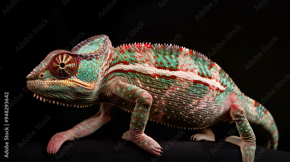 Fototapeta premium Vibrant close-up of a chameleon blending into the black background with its textured skin and vivid colors, highlighting the beauty of reptile camouflage and nature's artistry