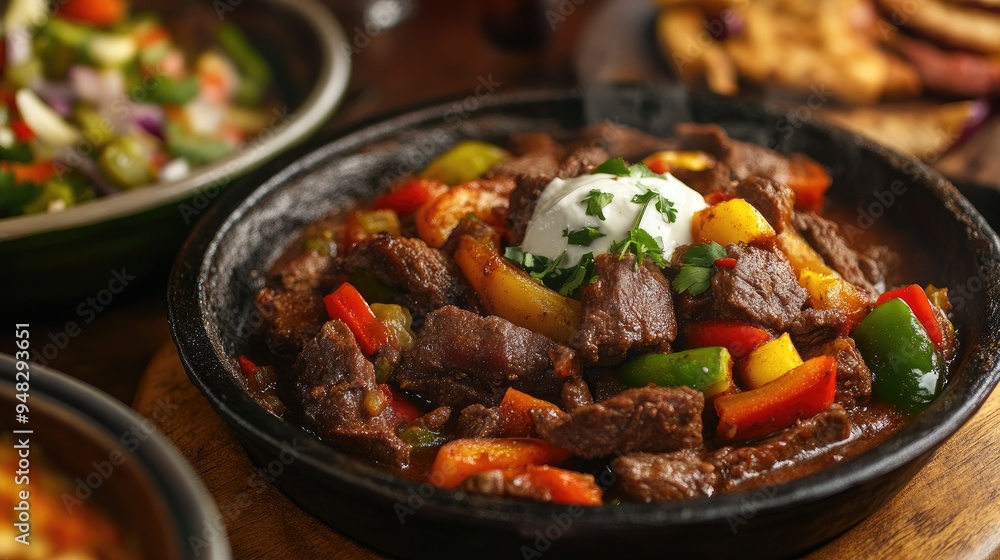 Mexican beef stew served with roasted vegetables, alongside sizzling fajitas, showcasing a feast of bold and authentic flavors. Mexican beef stew served with roasted vegetables, alongside sizzling fajitas, showcasing a feast of bold and authentic flavors.