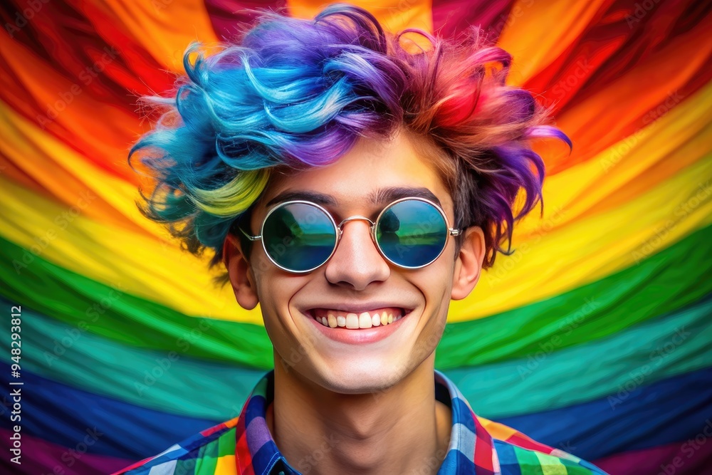 Vibrant young adult with stylish hair and round chrome sunglasses celebrates individuality, surrounded by a kaleidoscope of rainbow colors, exuding confidence and joy. Vibrant young adult with stylish hair and round chrome sunglasses celebrates individuality, surrounded by a kaleidoscope of rainbow colors, exuding confidence and joy.