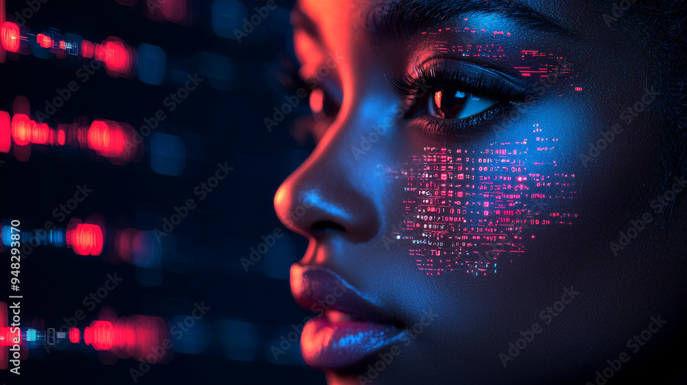 Portrait of a futuristic android woman with advanced technology data overlay Portrait of a futuristic android woman with advanced technology data overlay