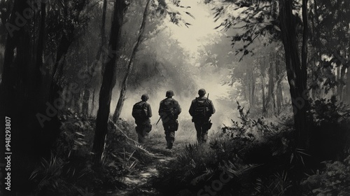 Monochrome depiction of military personnel in a woodland setting