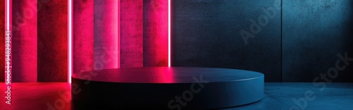 Metallic dark podium with a neon red and pink light backdrop against a black themed metal wall 3D rendered illustration photo