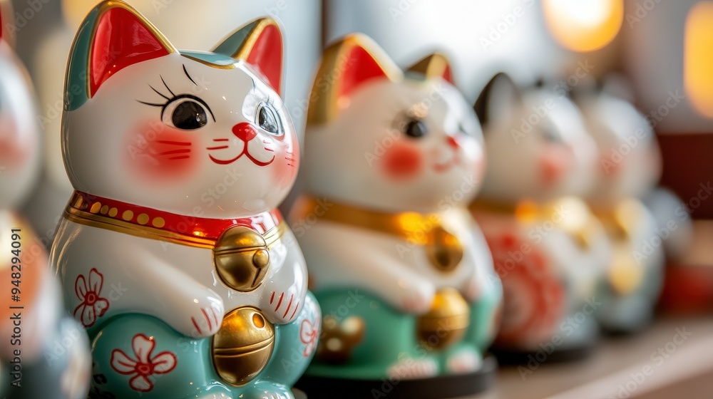 Detailed Maneki Neko Lucky Cat Figurines Closeup on Simple Background Detailed Maneki Neko Lucky Cat Figurines Closeup on Simple Background