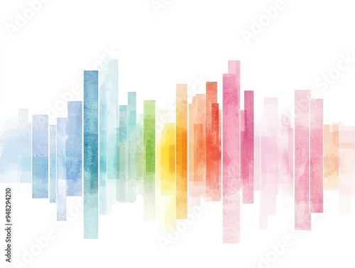 Abstract cityscape, pastel buildings, dreamy skyline, watercolor style