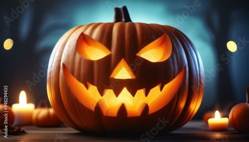 Close-up of grinning jack-o'-lantern with eerie glow.