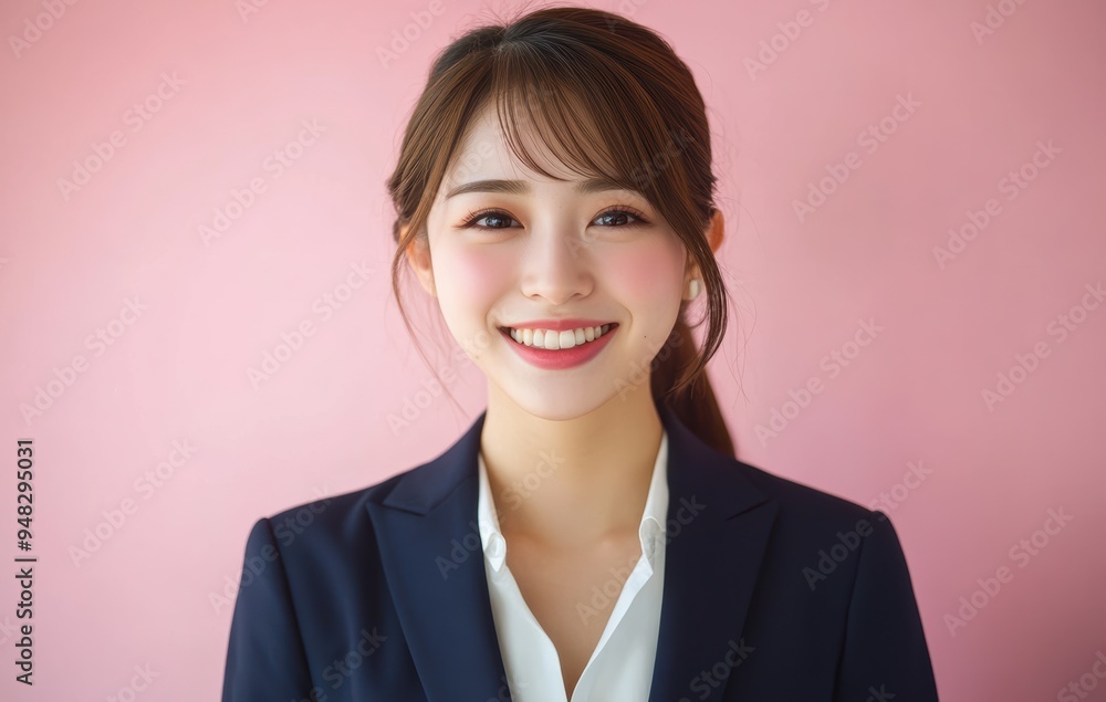 Asian businesswoman confidently posed in a suit, set against a pastel pink background, where her professional presence is softened by the gentle hues. Asian businesswoman confidently posed in a suit, set against a pastel pink background, where her professional presence is softened by the gentle hues.