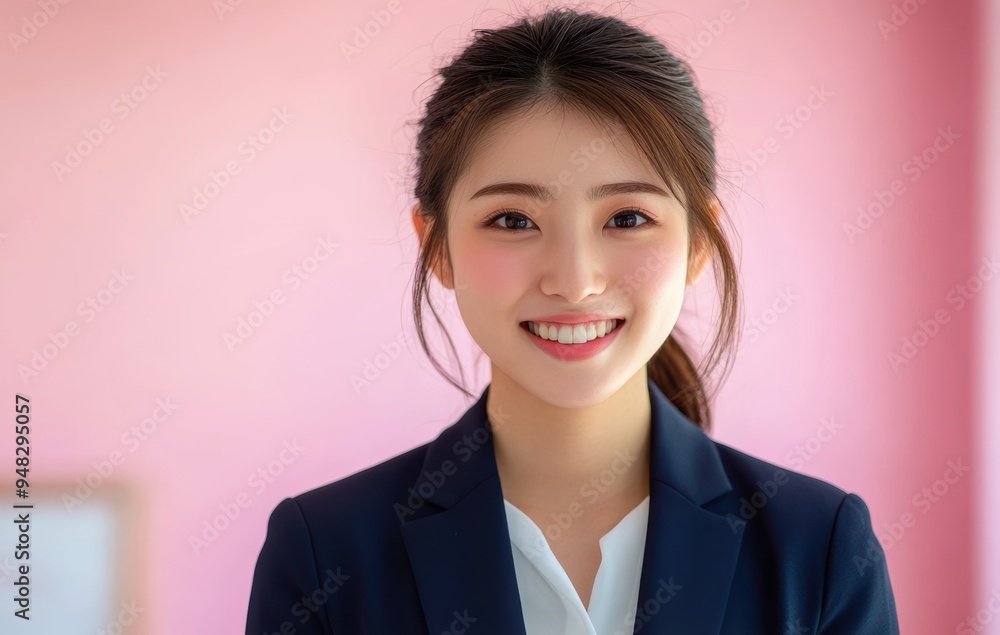Asian businesswoman confidently posed in a suit, set against a pastel pink background, where her professional presence is softened by the gentle hues. Asian businesswoman confidently posed in a suit, set against a pastel pink background, where her professional presence is softened by the gentle hues.