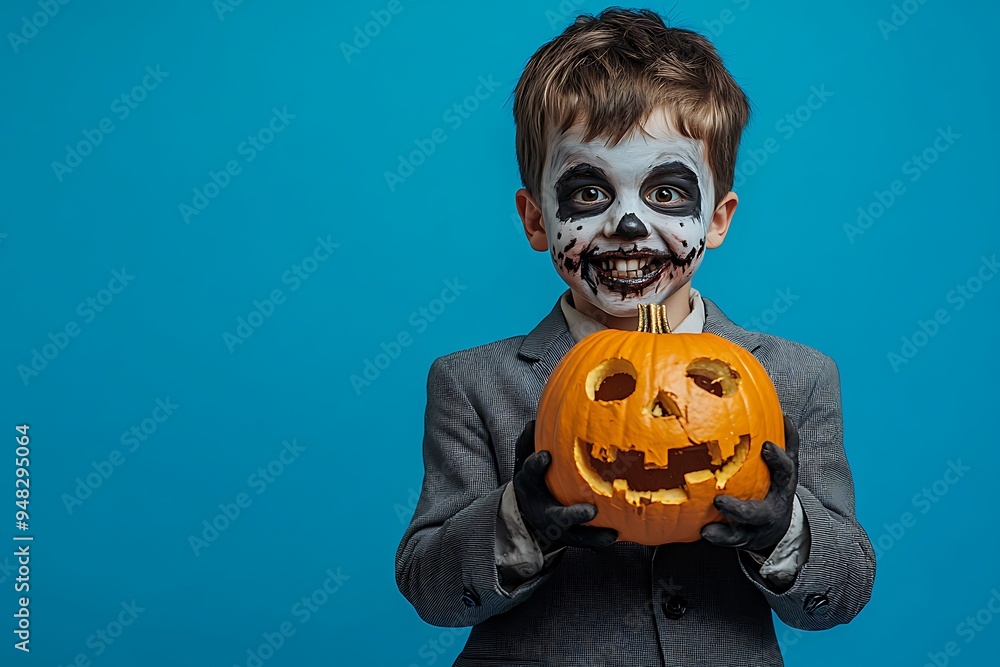 Photograph of a happy boy with zombie face painting, dressed in a gray suit and holding a Halloween pumpkin against a blue background. Photograph of a happy boy with zombie face painting, dressed in a gray suit and holding a Halloween pumpkin against a blue background.